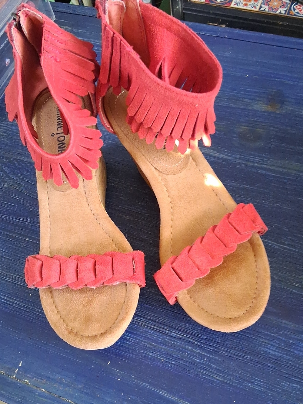 Minnetonka Red Fringe Ankle Strap Wedge Sandals